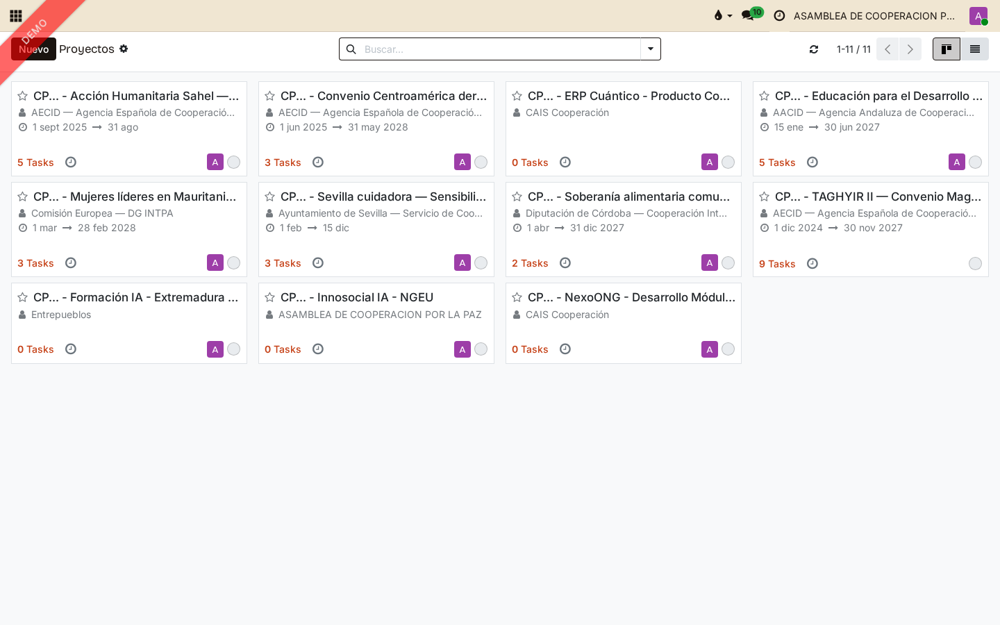 Vista completa da carteira de projetos: 11 projetos ativos com financiadores, datas e contagens de tarefas