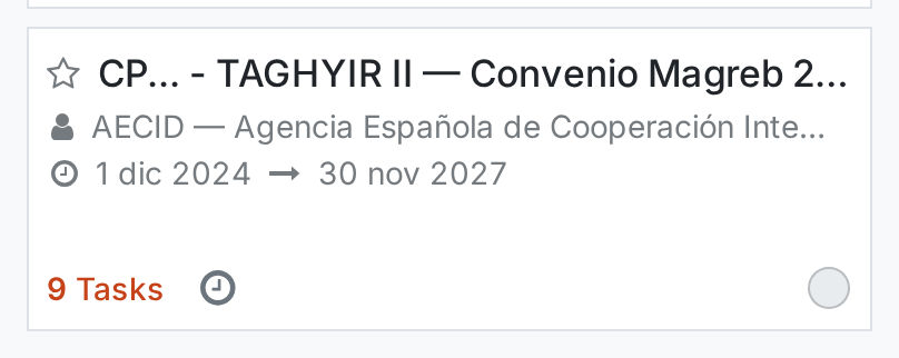 Cartão de projeto de carteira: CP - TAGHYIR II — Convenção Magrebe 2024-2027 (AECID, 9 tarefas)